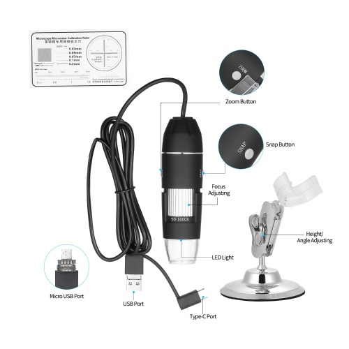 USB Digital Zoom Microscope Magnifier with OTG Function 8-LED Light Magnifying Glass 1600X Magnification with Stand