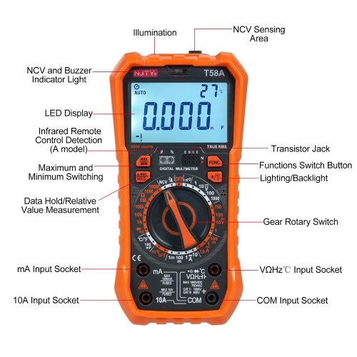 NJTY T58A Digital Multimeter 9999 Counts Multimetro AC/DC Voltage Meter Capacitance Professional Electrician Tools 