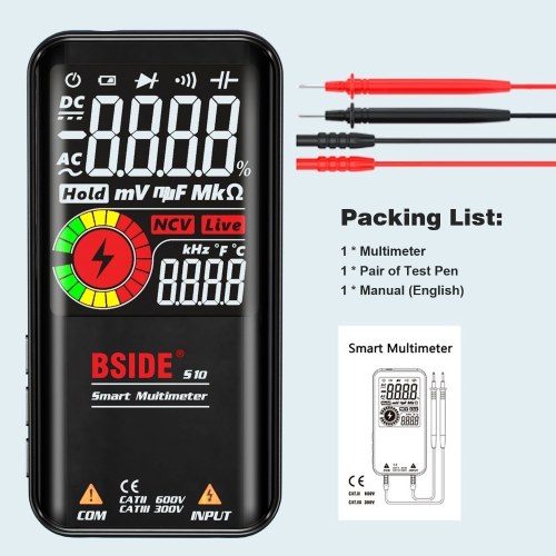 BSIDE S10 Intelligent 9999 Counts Multimeter Digital LCD Display AC/DC Voltmeter Ohmmeter Test Resistance Capacitance Frequency Diode Continuity NCV Live Line with Flash Light Data Hold 