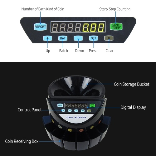 

Electronic Coin Counter Sorter Euro 300 Coins Mini Digital Auto Counting Machine Preset/ Total Money Display/ Fault Self Check, for Shop Bank Restaurant (AC 220V)