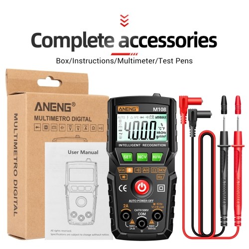 ANENG M108 Smart Digital Multimeter Auto Range 4000 Counts NCV Universal Meter Handheld Multifunctional Tester Voltmeter Ammeter with Backlight Flashlight AC/DC Voltage & Current Resistance Capacitance Frequency Measurement 