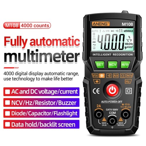 ANENG M108 Smart Digital Multimeter Auto Range 4000 Counts NCV Universal Meter Handheld Multifunctional Tester Voltmeter Ammeter with Backlight Flashlight AC/DC Voltage & Current Resistance Capacitance Frequency Measurement 