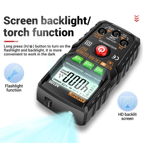 ANENG M108 Smart Digital Multimeter Auto Range 4000 Counts NCV Universal Meter Handheld Multifunctional Tester Voltmeter Ammeter with Backlight Flashlight AC/DC Voltage & Current Resistance Capacitance Frequency Measurement 