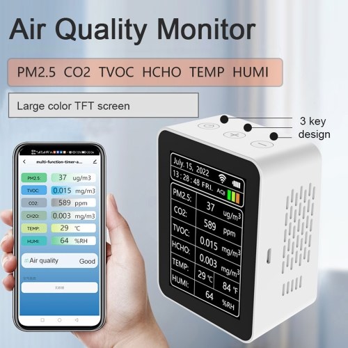 

Tuya WiFi Intelligent Air Quality Detector PM2.5 CO2 TVOC HCHO Temperature Humidity AQI 7 In 1 Detector Time Date Week Display Mobilephone APP Remotes Viewing Home Indoor Desktop Air Quality Monitor