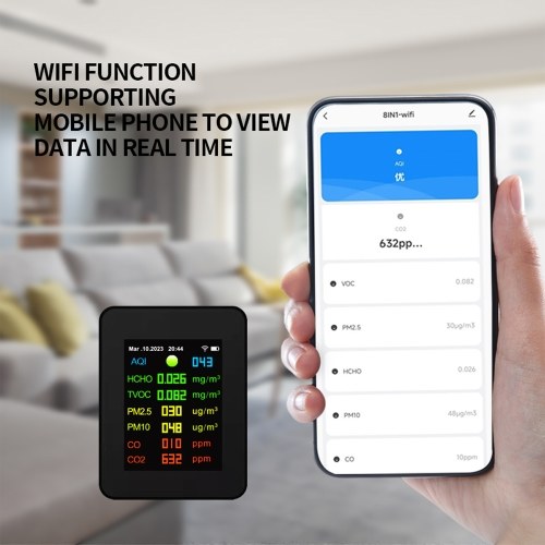 Tuya Wifi Portable Air Quality Meter 7in1 PM2.5 PM10 Carbonic Oxide CO2 TVOC HCHO AQI Tester 