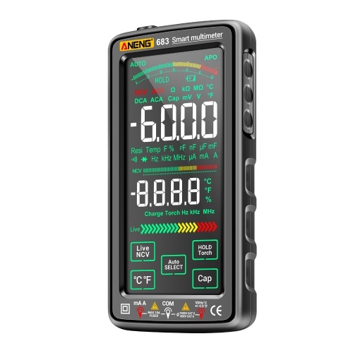 ANENG 683 6000 Counts Large Touch Screen Digital Multimeter Smart Anti-burn Rechargeable Universal Meter VA Reverse Display NCV Tester with Flashlight for Voltage Current Resistance Capacitance Temperature Frequency Diode Duty Cycle Measurement 