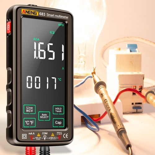 ANENG 683 6000 Counts Large Touch Screen Digital Multimeter Smart Anti-burn Rechargeable Universal Meter VA Reverse Display NCV Tester with Flashlight for Voltage Current Resistance Capacitance Temperature Frequency Diode Duty Cycle Measurement 