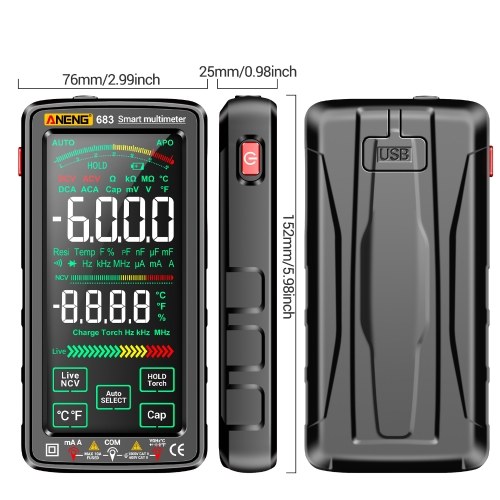 ANENG 683 6000 Counts Large Touch Screen Digital Multimeter Smart Anti-burn Rechargeable Universal Meter VA Reverse Display NCV Tester with Flashlight for Voltage Current Resistance Capacitance Temperature Frequency Diode Duty Cycle Measurement 