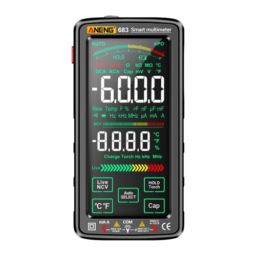 ANENG 683 6000 Counts Large Touch Screen Digital Multimeter Smart Anti-burn Rechargeable Universal Meter VA Reverse Display NCV Tester with Flashlight for Voltage Current Resistance Capacitance Temperature Frequency Diode Duty Cycle Measurement 