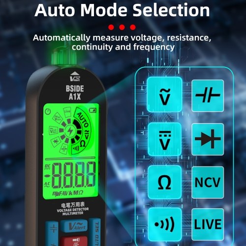 BSIDE Handheld Digital Multimeter Electric Test Pen Professional Voltage Resistance Diode Tester Live Wire Recognition Meter with Automatic Shutdown and Flashlight Function 