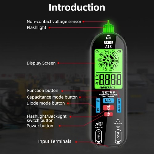 BSIDE Handheld Digital Multimeter Electric Test Pen Professional Voltage Resistance Diode Tester Live Wire Recognition Meter with Automatic Shutdown and Flashlight Function 
