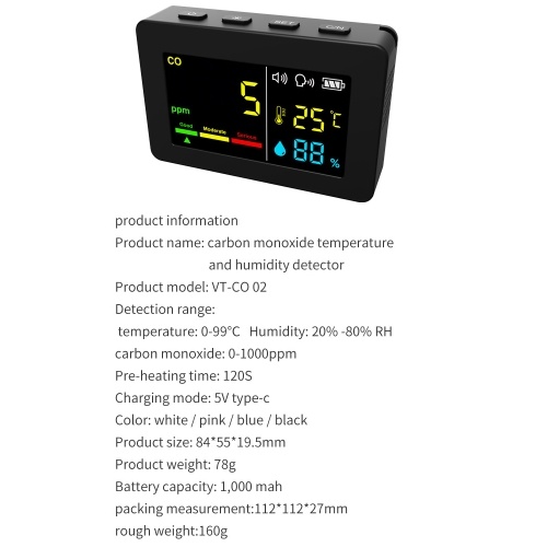 Portable Air Quality Meter 3in1 CO Temperature and Humidity Tester Color Screen Carbon Monoxide Detector with Voice Alarm and Electric Quantity Display Function 