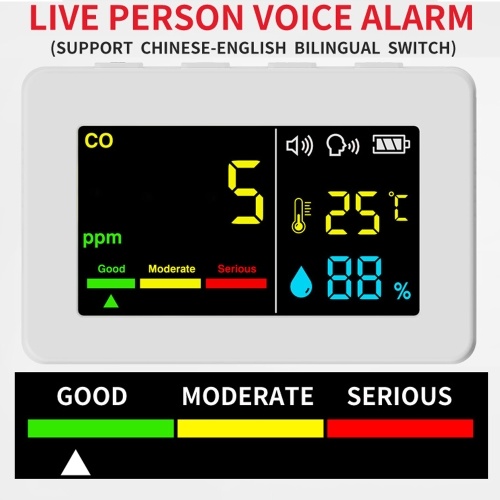 Portable Air Quality Meter 3in1 CO Temperature and Humidity Tester Color Screen Carbon Monoxide Detector with Voice Alarm and Electric Quantity Display Function 