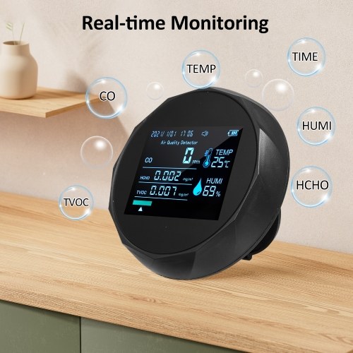 2CO16TB 6 In 1 Multifunctional Air Quality Monitor, Portable Formaldehyde Detector Professional Air Quality Tester CO, TVOC, HCHO, Humidity & Temperature Analyzer 