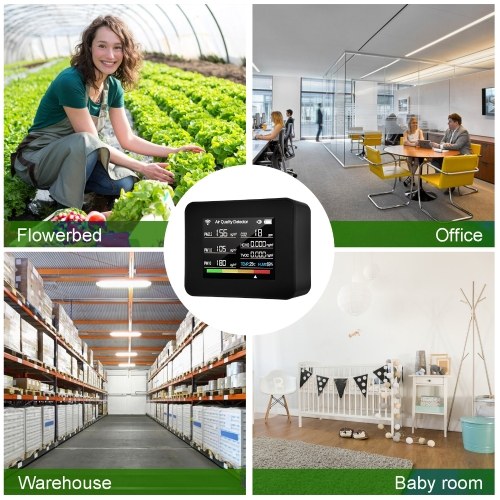 Tuya WiFi Air Quality Meter 13-in-1 Indoor Air Quality Monitor Detects CO₂ TVOC HCHO PM2.5 PM1.0 PM10 Humidity and Temperature Time Date Alarm Timer and Stopwatch Timer with Alarm for Home Offices School Hotel 