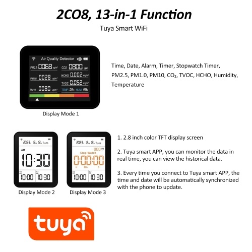 Tuya WiFi Air Quality Meter 13-in-1 Indoor Air Quality Monitor Detects CO₂ TVOC HCHO PM2.5 PM1.0 PM10 Humidity and Temperature Time Date Alarm Timer and Stopwatch Timer with Alarm for Home Offices School Hotel 