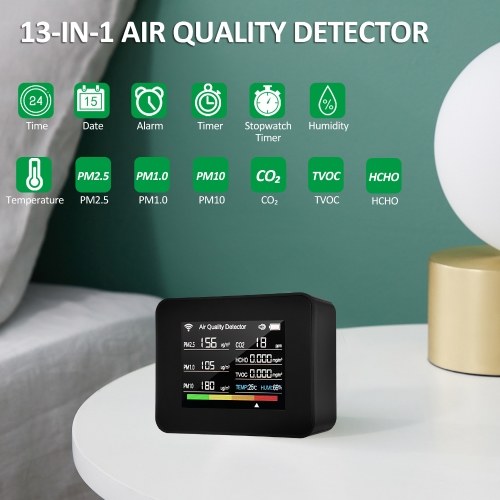 Tuya WiFi Air Quality Meter 13-in-1 Indoor Air Quality Monitor Detects CO₂ TVOC HCHO PM2.5 PM1.0 PM10 Humidity and Temperature Time Date Alarm Timer and Stopwatch Timer with Alarm for Home Offices School Hotel 