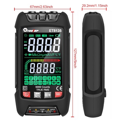9999 Counts Digital Multimeter Color Display Handheld Multimeter NCV Noncontact Sensing Professional Voltage Current Capacitance Resistance Diode Measurement Meter Temperature Tester 