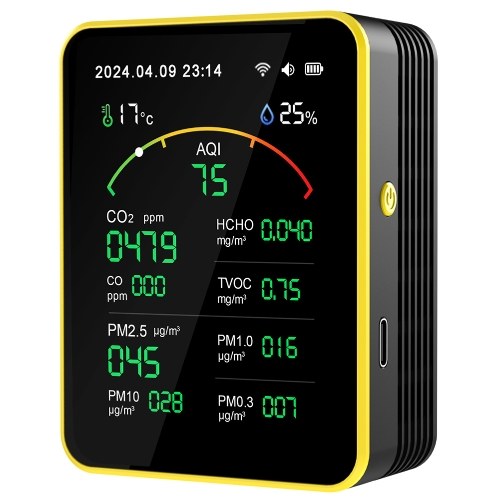 Tuya WiFi15in1 Air Quality Detector Household Portable AQI PM0.3 PM1.0 PM2.5 PM10 CO CO2 TVOC HCHO Tester TFT Display Multifunctional Time Temperature and Humidity Test Meter Versatile Time Clock Timer with Alarm Function 
