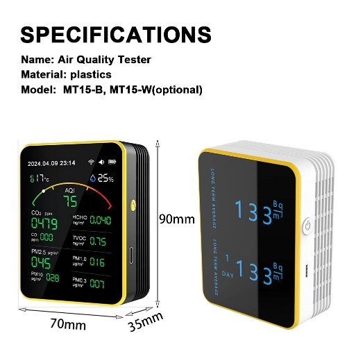 Tuya WiFi15in1 Air Quality Detector Household Portable AQI PM0.3 PM1.0 PM2.5 PM10 CO CO2 TVOC HCHO Tester TFT Display Multifunctional Time Temperature and Humidity Test Meter Versatile Time Clock Timer with Alarm Function 