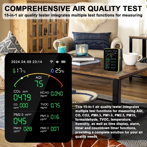 Tuya WiFi15in1 Air Quality Detector Household Portable AQI PM0.3 PM1.0 PM2.5 PM10 CO CO2 TVOC HCHO Tester TFT Display Multifunctional Time Temperature and Humidity Test Meter Versatile Time Clock Timer with Alarm Function 