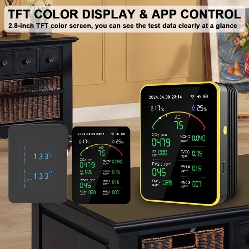 Tuya WiFi15in1 Air Quality Detector Household Portable AQI PM0.3 PM1.0 PM2.5 PM10 CO CO2 TVOC HCHO Tester TFT Display Multifunctional Time Temperature and Humidity Test Meter Versatile Time Clock Timer with Alarm Function 