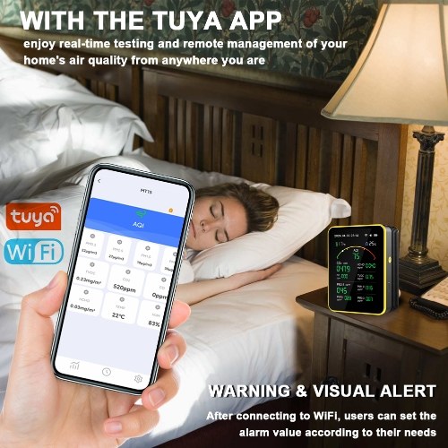 Tuya WiFi15in1 Air Quality Detector Household Portable AQI PM0.3 PM1.0 PM2.5 PM10 CO CO2 TVOC HCHO Tester TFT Display Multifunctional Time Temperature and Humidity Test Meter Versatile Time Clock Timer with Alarm Function 