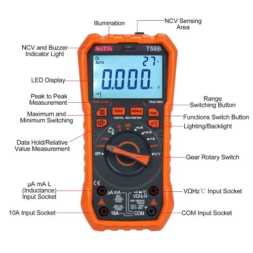 NJTY T58B Digital Multimeter 9999 Counts Multimetro AC/DC Voltage Meter Capacitance Professional Electrician Tools 
