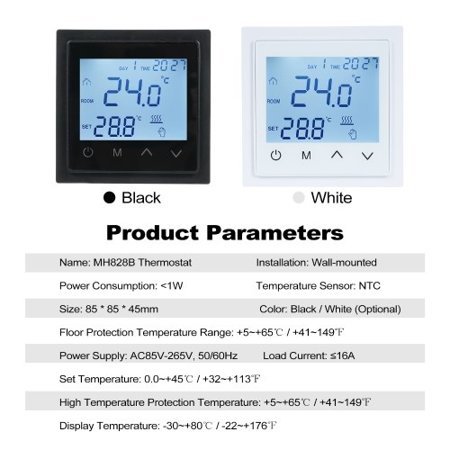 Intelligent Digital Display Thermostat 16A Floor Heating Temperature Controller with LED Touch Screen NTC Temperature Sensor Temperature Switching 85-265V Electric Heating Control 