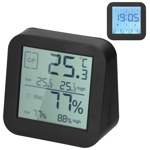 Multifunctional LCD Digital Display Touching Screen Hygrothermograph Indoor Humidity and Temperature Meter Dual-Screen Table Clock Countdown Clock 