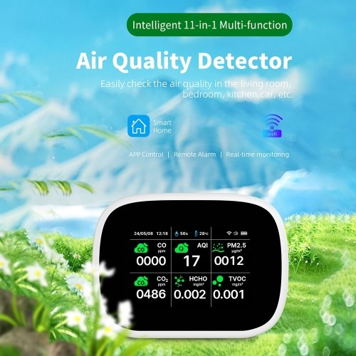 

WiFi 11-in-1 Air Quality Monitor Indoor Humidity Monitor AQI/CO/CO₂/TVOC/HCHO/PM2.5/PM1.0/PM10/Temperature/Humidity/Time Tester Desktop Air Quality Tester Air Quality Meters for Home Office Hotel Restaurant School