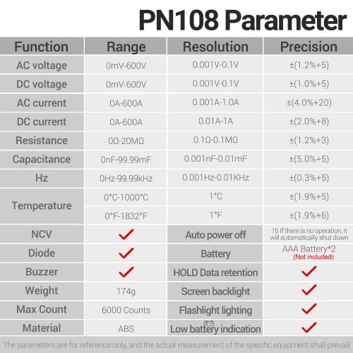ANENG PN108 Digital Clamp Meter Voltage Current Tester Professional 6000 Counts Multimeter with LCD Display Diode Temperature Hz Ohm Capacitance Tester 