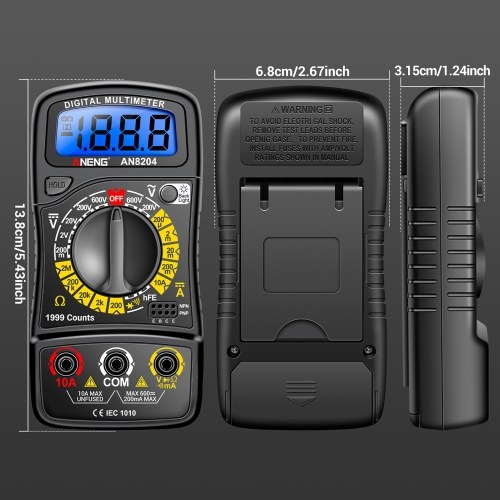 Multifunctional Multimeter 1999 Counts High-precision AC/DC Voltage DC Current Tester Diode Triode Resistance Measurement On/off Buzzer Detection with LCD Display Blue Backlight, Black 