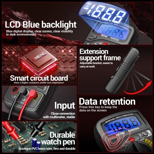 Multifunctional Multimeter 1999 Counts High-precision AC/DC Voltage DC Current Tester Diode Triode Resistance Measurement On/off Buzzer Detection with LCD Display Blue Backlight, Black 