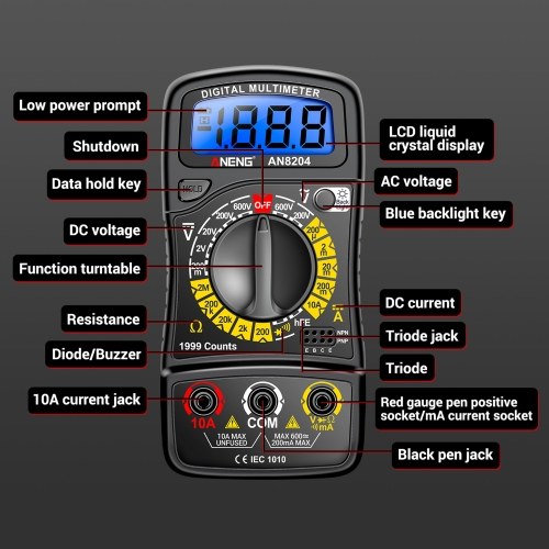Multifunctional Multimeter 1999 Counts High-precision AC/DC Voltage DC Current Tester Diode Triode Resistance Measurement On/off Buzzer Detection with LCD Display Blue Backlight, Black 