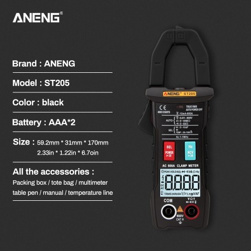 ANENG ST205 4000 Counts Full Intelligent Automatic Range True RMS Digital Multimeter Clamp Meter AC/DC Voltage NCV Resistance Auto Range Flashlight with Temperature Measurement 