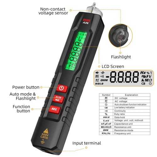 Pen Type Digital Multimeter Portable Tester Voltmeter 1.9 Inch Bicolor Screen TRMS Voltage Capacitance Resistance Frequency Diode Continuity Temperature NCV Measurement Multifunction Multimeter 