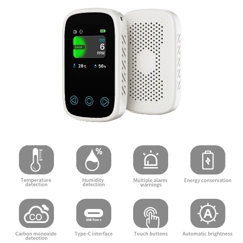 3in1 Air Quality Tester CO Temperature Humidity Detector NDIR Sensor Auto Brightness Adjustable Digital TFT LCD Display with Carbon Monoxide Calibration Temperature Unit Switching Functions 