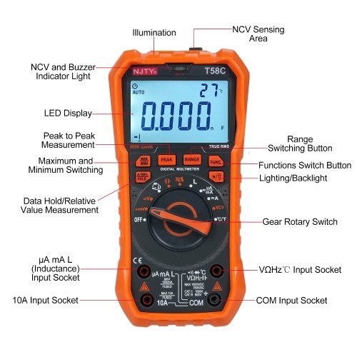 NJTY T58C Digital Multimeter 9999 Counts Multimetro AC/DC Voltage Meter Capacitance Professional Electrician Tools 
