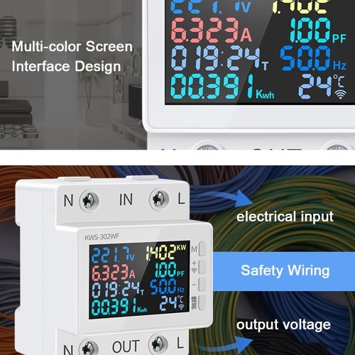 Tuya WiFi 8in1 Power Meter Color Screen 2P Multi-function AC Energy Meter 170-270V/63A Voltage and Current Meter Standard Rail Mounting (with Power Failure Protecting Function) 