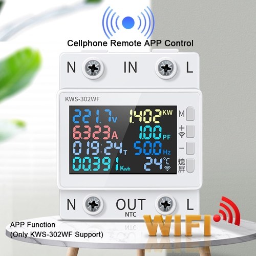 Tuya WiFi 8in1 Power Meter Color Screen 2P Multi-function AC Energy Meter 170-270V/63A Voltage and Current Meter Standard Rail Mounting (with Power Failure Protecting Function) 