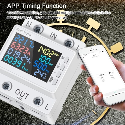 Tuya WiFi 8in1 Power Meter Color Screen 2P Multi-function AC Energy Meter 170-270V/63A Voltage and Current Meter Standard Rail Mounting (with Power Failure Protecting Function) 