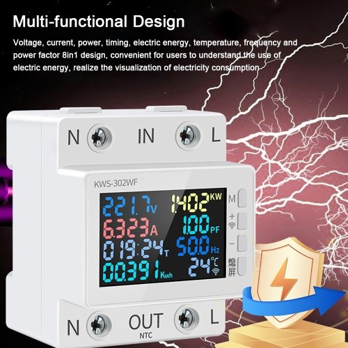 Tuya WiFi 8in1 Power Meter Color Screen 2P Multi-function AC Energy Meter 170-270V/63A Voltage and Current Meter Standard Rail Mounting (with Power Failure Protecting Function) 
