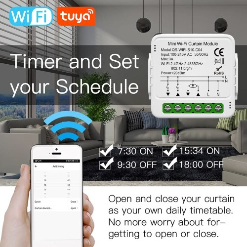 Tuya WiFi Smart Curtain Switch Module Home Intelligent Appliance Curtain Blind Roller Shutters App Control Timer Function and Group Share Compatible with Alexa Google Home Voice Control 