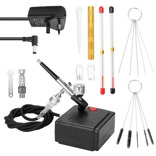 

Professional Airbrush Set for Model Making Art Painting with Air Compressor+Power Adapter+Airbrush+Airbrush Holder+0.2mmneedle+0.5mmneedle+0.2mm nozzle+0.5mm nozzle+G1/8 Fast-adapter+Wrench+Hose+Golden Airbrush-Needle Tool+Oil-water Separator+Dropper