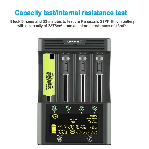 

Liitokala LII-600 Quick Battery Recharger LCD Display Touching Control 4-channel Independent Recharging Automatic Manual Two Working Modes for Li-ion 3.7V NiMH 1.2V 18650 26650 14500 AA AAA batteries