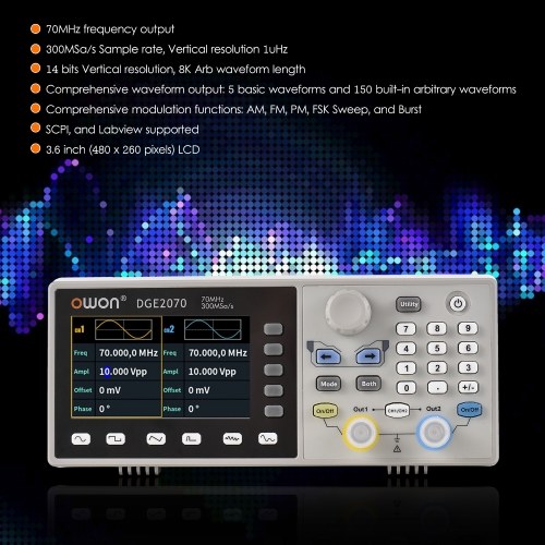 

Owon DGE2070 Digital Storage Oscilloscope Dual Channel Oscillometer Arbitrary Waveform Generator 3.6-inch LCD Display 2CH 70MHz 300MS/s