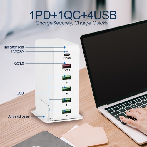 65W 6 Ports USB C Charging Station Multiports Hub Portable PD3.0 & QC3.0 Fast USB C Wall Charger for Smartphone Tablet and More 