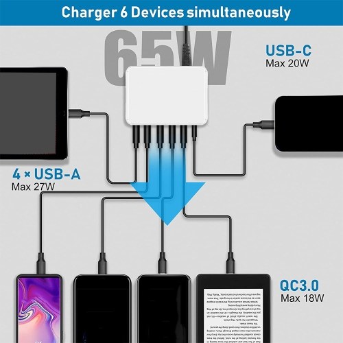 65W 6 Ports USB C Charging Station Multiports Hub Portable PD3.0 & QC3.0 Fast USB C Wall Charger for Smartphone Tablet and More 