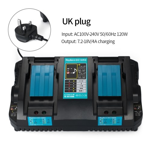 Caricabatterie per elettroutensili Caricabatterie rapido a doppia porta DC18RD adatto per batterie Makita 4A 120W da 7.2V a 18V Adattatore di alimentazione